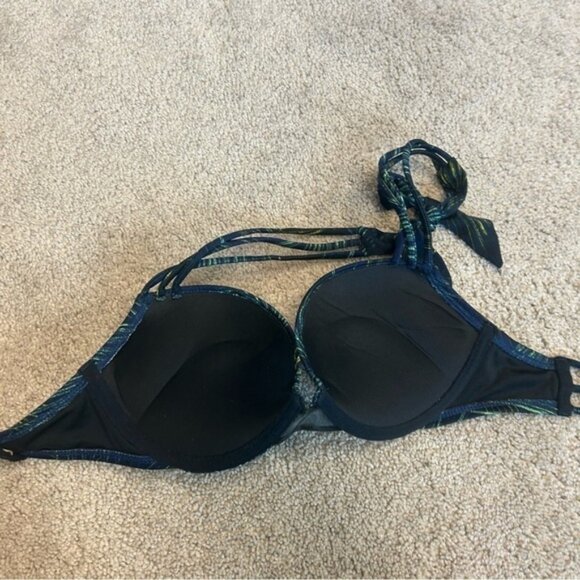 Victorias Secret navy blue green tropical leaf print rhinestone bikini top - Picture 6 of 10